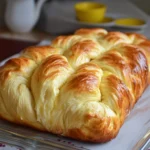 Freshly baked milky braided bread on a wooden cutting board