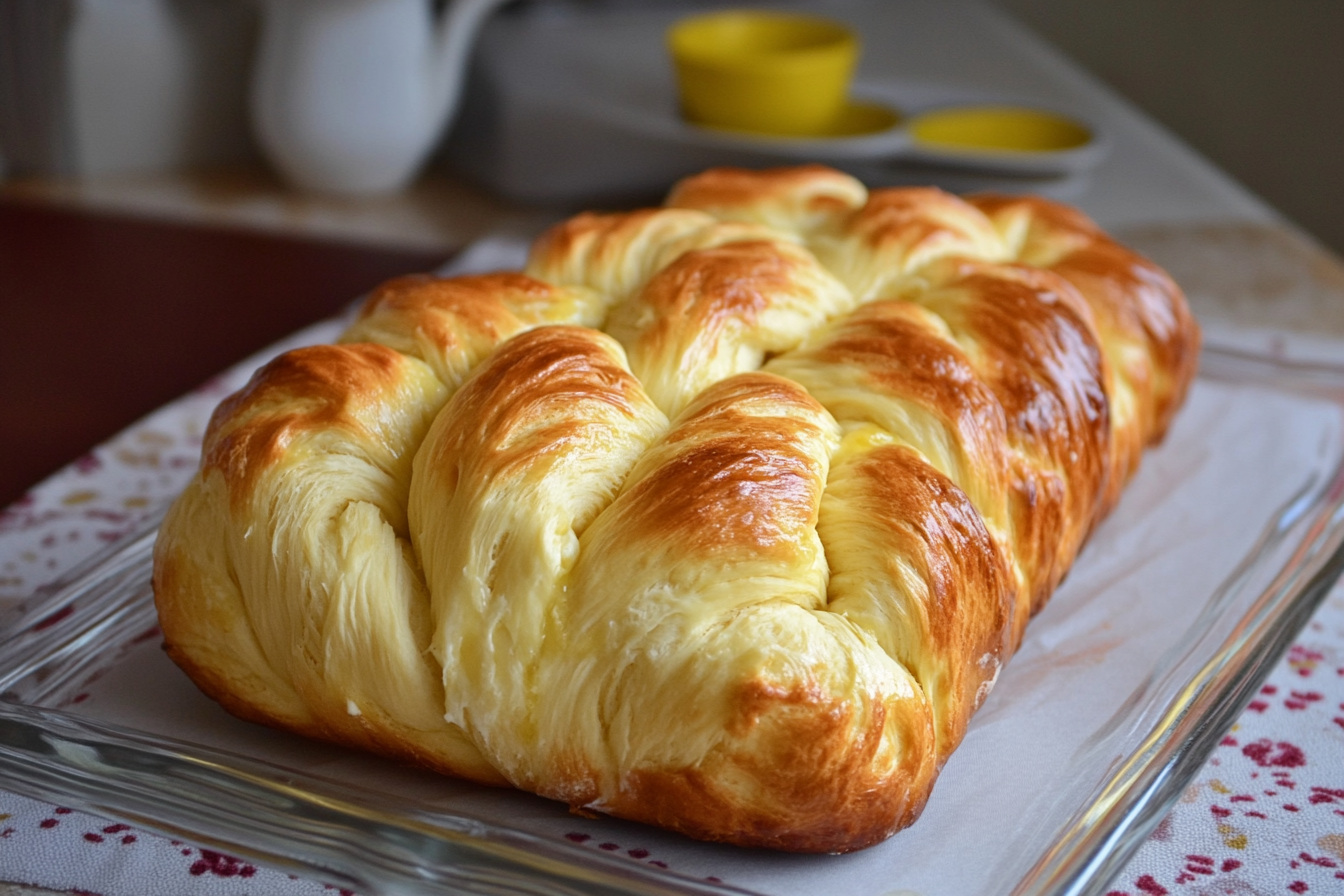 Freshly baked milky braided bread on a wooden cutting board