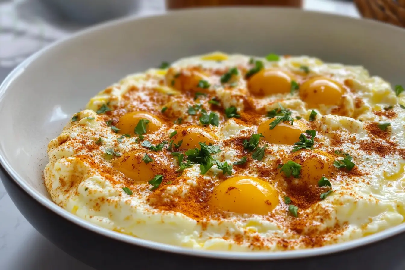 A plate of creamy, spicy infused eggs garnished with fresh herbs and chili flakes, served alongside toasted bread.