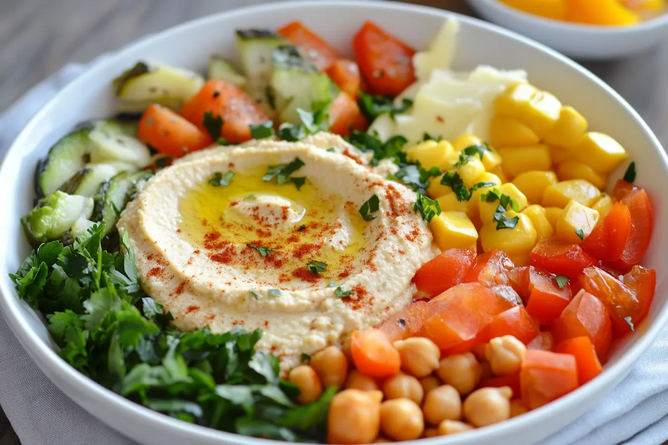 Creamy hummus on toast with avocado, eggs, and fresh veggies