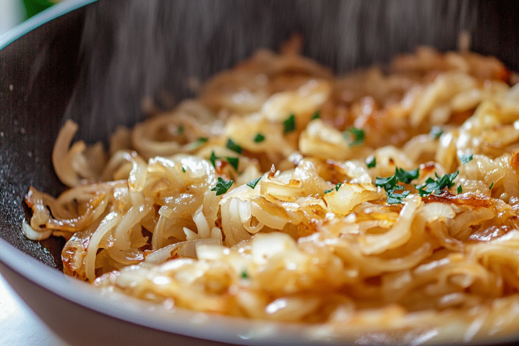 A bowl of caramelized onion pasta garnished with herbs
