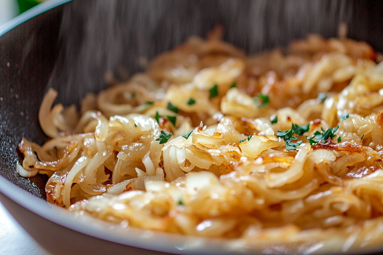 A bowl of caramelized onion pasta garnished with herbs
