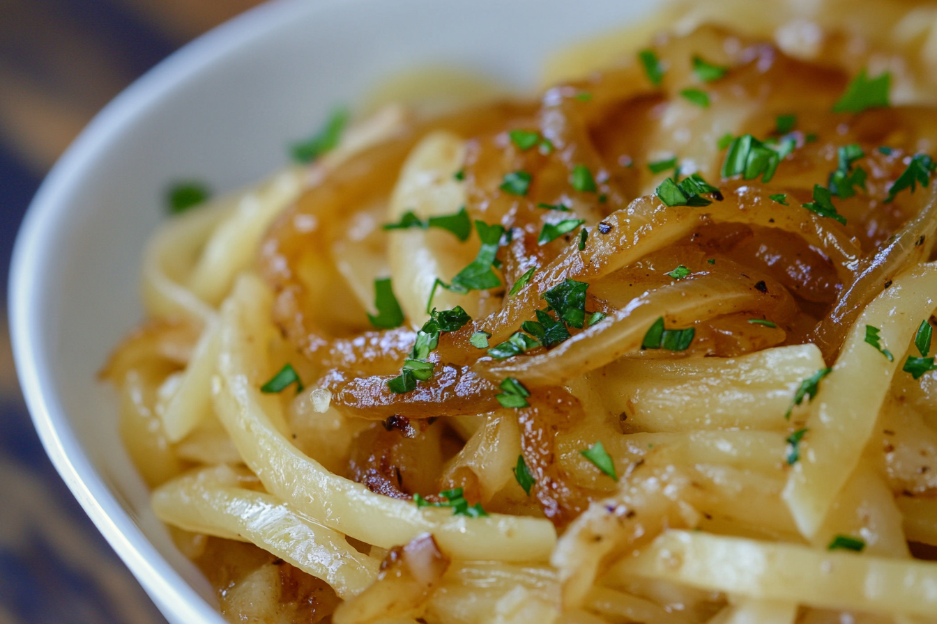 Creamy caramelized onion pasta served with fresh herbs, showcasing its golden color and glossy sauce.